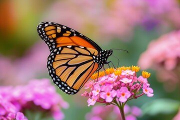 Fototapeta premium Close-up of a vivid monarch butterfly perched on vibrant pink flowers with a soft-focus background