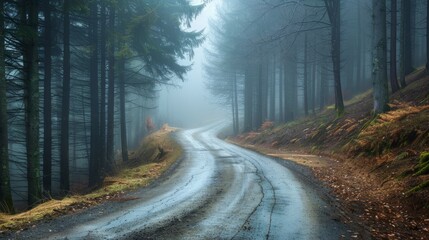 breathtaking landscape with road in the misty woods background 16:9 widescreen backdrop wallpapers hyper realistic 