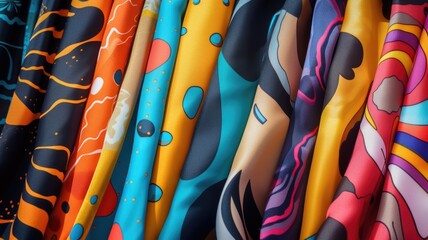 vibrant collection of colorful fabrics showcases a variety of abstract patterns and geometric shapes, highlighting the modern and trendy designs
