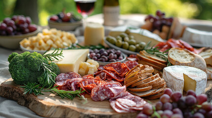 Obraz premium An artistic representation of a gourmet picnic in a scenic countryside setting, with a rustic spread of artisanal cheeses, charcuterie, and freshly baked bread, laid out on a vinta