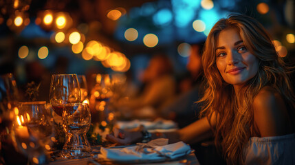A dramatic photograph capturing the elegance and sophistication of a fine dining experience, with diners seated at linen-covered tables, enjoying an exquisite tasting menu paired w