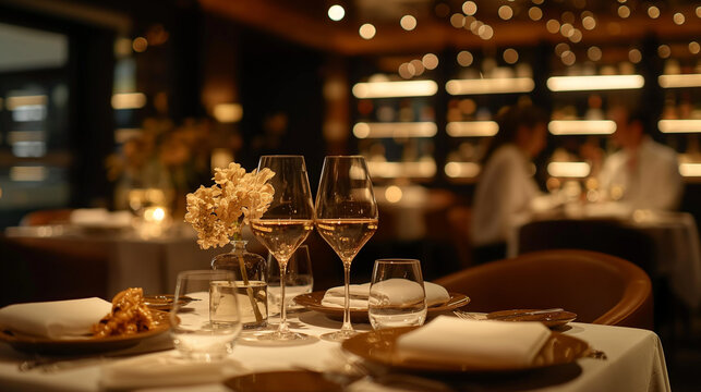 A dramatic photograph capturing the elegance and sophistication of a fine dining experience, with diners seated at linen-covered tables, enjoying an exquisite tasting menu paired w