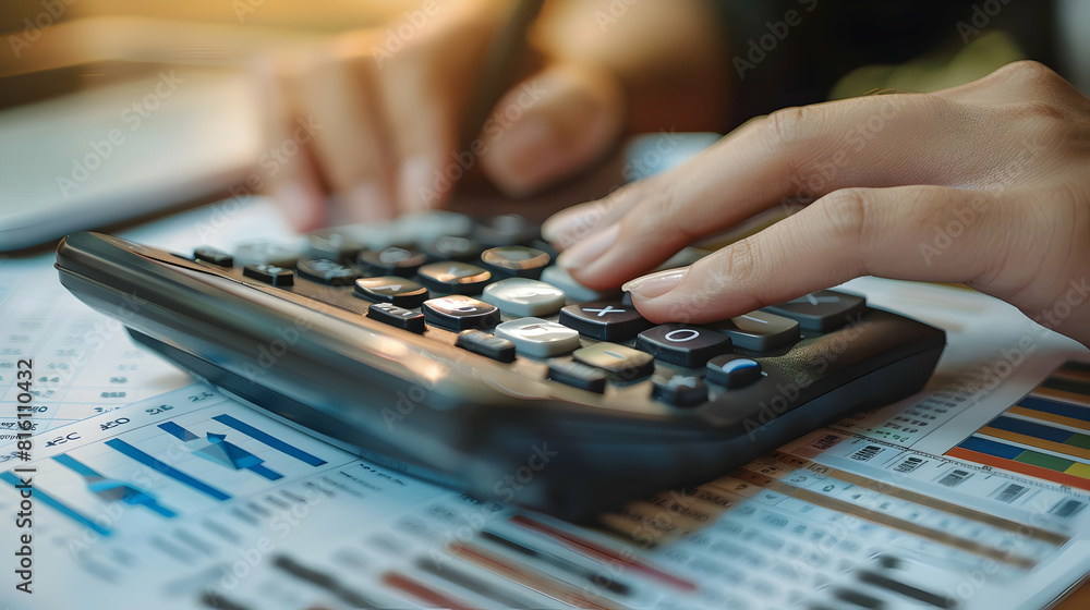 Poster professional hands calculating expenses and budget on a calculator surrounded by financial documents