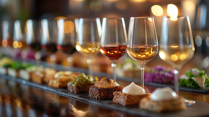 An artistic representation of a gourmet wine pairing dinner, with sommeliers guiding diners through a carefully curated selection of wines, each one expertly paired with a compleme