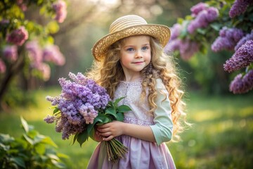 Spring flowering. Portrait of a beautiful little curly-haired girl of 4 years old in a straw hat and dress in a blooming lilac garden. Childhood. The baby is posing and looking at the camera.