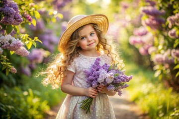 Spring flowering. Portrait of a beautiful little curly-haired girl of 4 years old in a straw hat and dress in a blooming lilac garden. Childhood. The baby is posing and looking at the camera.