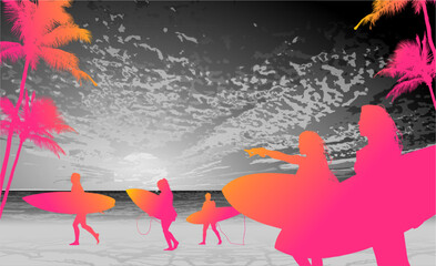surfistas, contraluz, vector, tabla, surf, mar, atardecer, mujer surfista, silueta, tablista, ilustracion, arte surf, rosa, surfista en la playa, chica surf, mujer