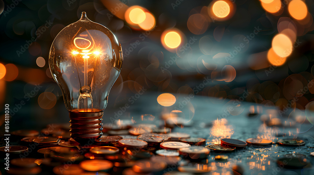 Poster innovative energy saving concept: realistic lightbulb with surrounding coins symbolizing efficient i