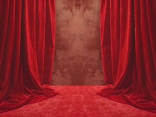 Red Stage Curtains With Plush Carpet, Indoor Theater