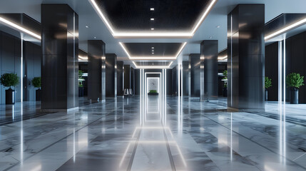Fototapeta premium Interior of illuminated empty spacious lobby with black ceiling and columns and marble floor in luxury penthouse stylish apartment : Generative AI
