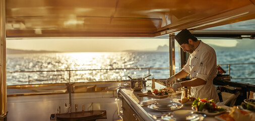 A private chef prepares a meal aboard a luxury yacht at golden hour. Food is served during an elite cruise vacation on a super yacht, celebrity lifestyle, dream vacation