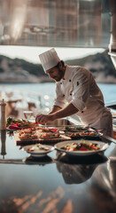 A private chef prepares a daytime snack aboard a luxury yacht. Food is served during an elite cruise vacation on a super yacht, Rich and famous lifestyle.