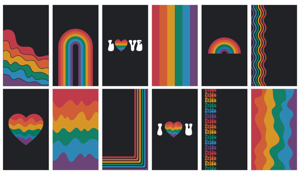 Instagram stories template for lgbt pride month. Rainbow groovy backgrounds set