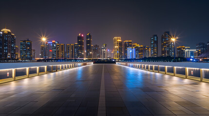 Empty square floor and pedestrian bridge with city skyline at night in Ningbo Zhejiang Province China : Generative AI