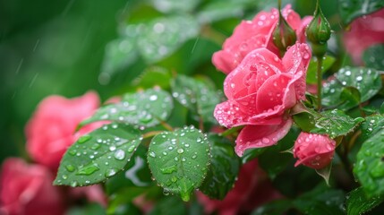 Rose blooms in spring, raindrops on leaves.