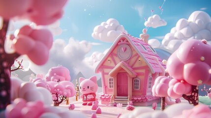 cute pink cartoon in dreamland, 3d rendering, hyper realistic 