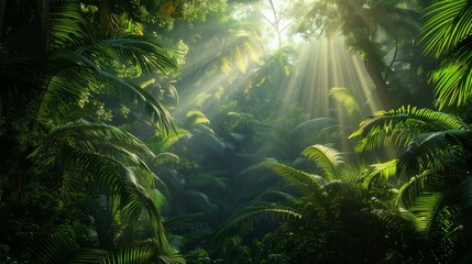 Dark rainforest, sun rays through the trees, rich jungle greenery. Atmospheric fantasy forest. 3D illustration. hyper realistic 