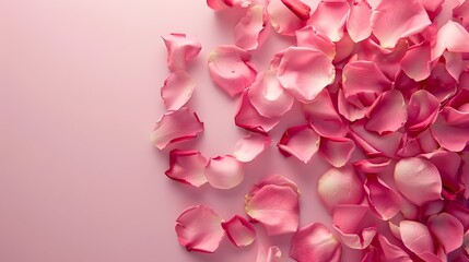 Fototapeta premium Scattered Rose Petals on a Soft Pink Background, Romantic Floral Display. Delicate and Serene, Perfect for Invitations and Love Themes. AI
