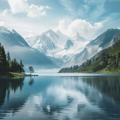 Fototapeta premium Tranquil lake surrounded by snow-capped mountains