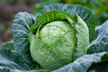 Obraz premium Close-up of a vibrant green cabbage head with dewdrops, nestled in its natural leaves