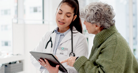 Results, tablet or doctor with senior patient in consultation for healthcare advice or checkup at...