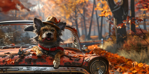 Small Jack Russell Terrier on Retro Car Hood, Autumn Dog Adventure Cute Jack Russell Terrier