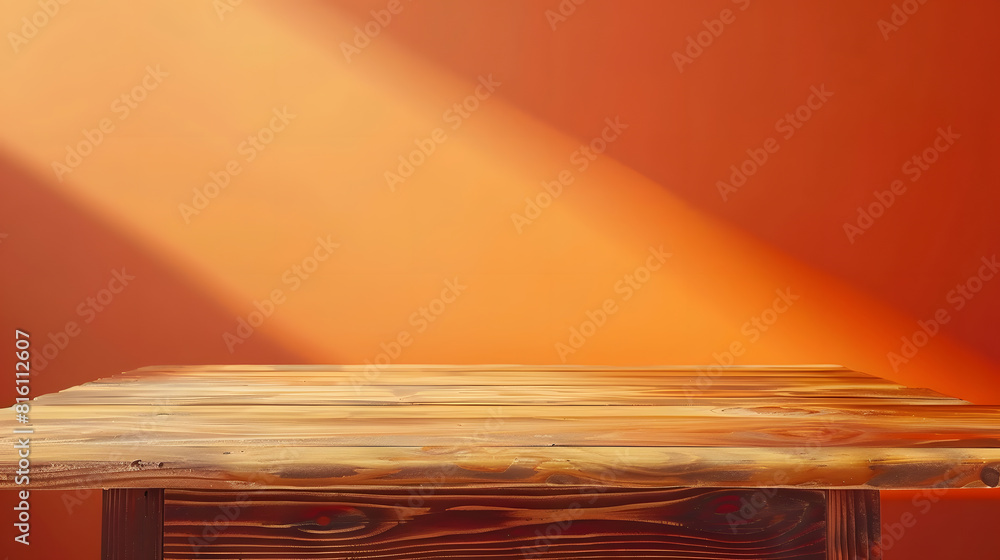 Poster empty wooden table on abstract orange background for product presentation copy space : generative ai