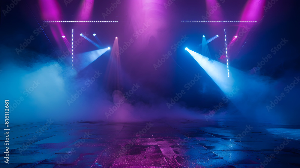 Poster Dark stage shows blue and purple background an empty dark scene laser beams neon spotlights reflection on the asphalt floor studio room with smoke floating up for display products : Generative AI