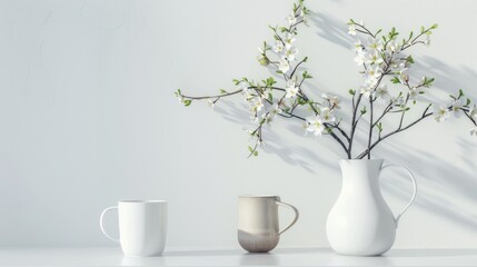 Eco-conscious decor, mug and vase with blooms on white, minimalist ethos, clean and airy, AI Generative hyper realistic 