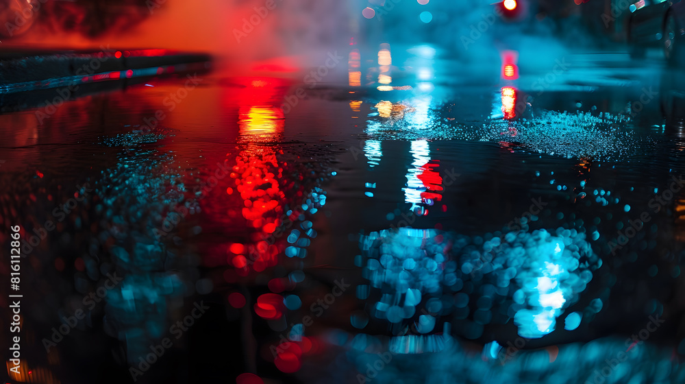Poster Wet asphalt reflection of neon lights a searchlight smoke Abstract light in a dark empty street with smoke smog Dark background scene of empty street night view night city : Generative AI