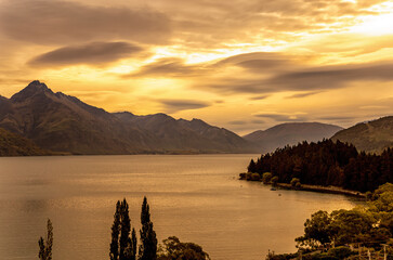 Lake Wakatipu at sunset, Otago, South Island, New Zealand, Oceania.