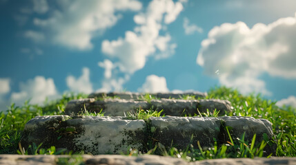Fototapeta premium stone steps on the grass in the sky clouds : Generative AI