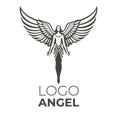 Fototapeta premium Stylized icon image of angel with large wings. Symbol, logo or brand, isolated on white background