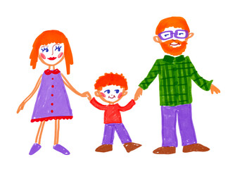 Felt pen hand drawn vector illustration of child drawing of family