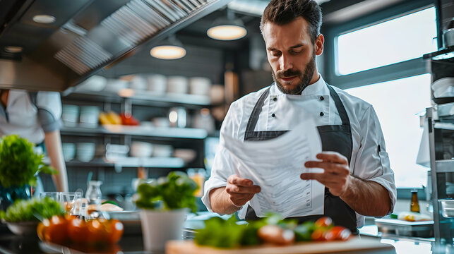 Restaurant owner discussing menu with kitchen staff, highlighting teamwork  culinary skills in small business operations