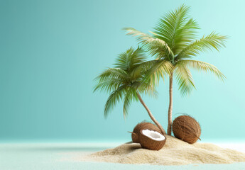 Coconut trees with beach sand on blue background