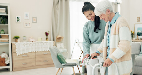 Woman, nurse and walker in elderly care for physiotherapy, support or trust at old age home. Female physio or caregiver walking and helping patient or person with a disability for recovery in house