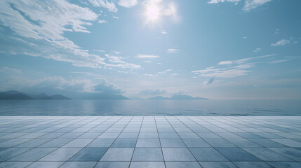 Empty square floor and lake with sky cloud landscape : Generative AI