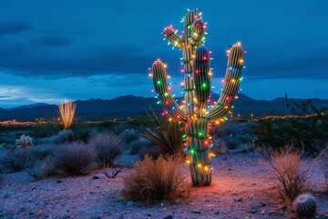 Saguaro cactus adorned with colorful lights stands out in a tranquil desert at dusk