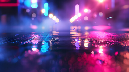 Wet asphalt reflection of neon lights a searchlight smoke Abstract light in a dark empty street with smoke smog Dark background scene of empty street night view night city : Generative AI