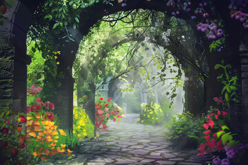 Fototapeta premium A beautiful secret fairytale garden with flower arches and colorful greenery, perfect for fantasy-themed designs and nature-related content.