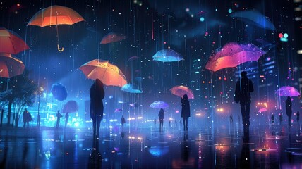 lively scene of people with colorful umbrellas walking through a city park on a rainy day
