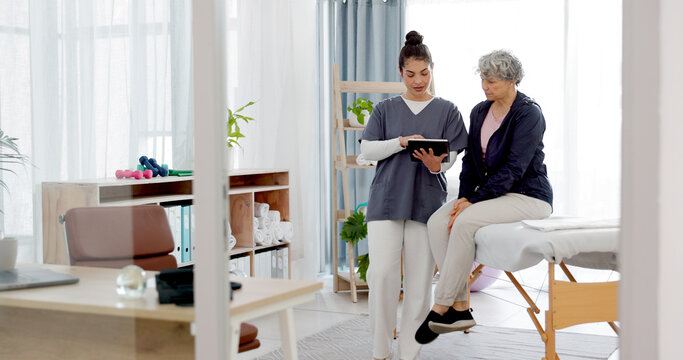 Consulting, physiotherapist and senior woman for physical therapy, healthcare service and support. Physiotherapy, chiropractor and medical worker or person talking to elderly patient in consultation