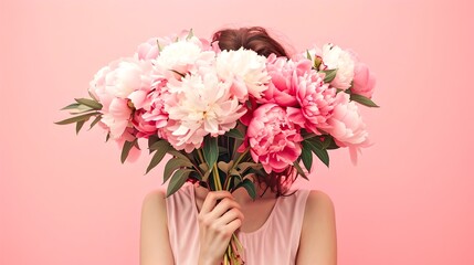 Vibrant Pink Peonies Bouquet Obscuring Woman's Face Against Pastel Background. A Fresh, Spring Concept. Elegance and Simplicity in Floral Design. AI