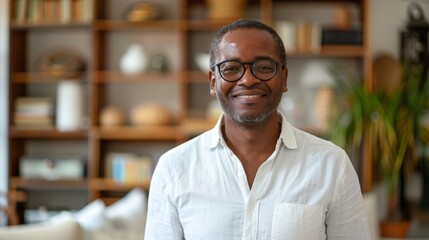 Fototapeta premium Portrait of smiling mature man with beard standing with crossed arms. Confident african man with folded arms at home looking at camera. Happy senior in casual feeling good.