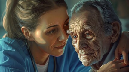International Day for the Elderly. Caring nurse helping elderly old man care facility gets help from hospital, young woman helping hands offering her senior man at home, old aged hyper realistic 