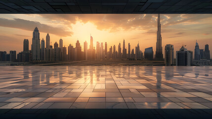 Empty square floor with city skyline at sunset : Generative AI