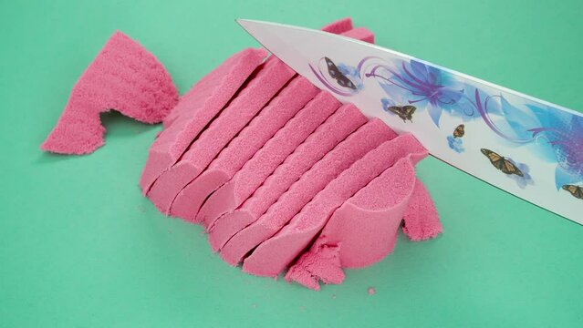 Very Satisfying and Relaxing Kinetic Sand ASMR video. Cutting anti stress macro close up colorful Kinetic Sand with a Knife. ASMR sounds.
