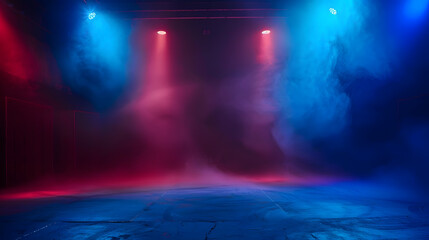 The dark stage shows empty dark blue scene background neon light and spotlights The asphalt floor and studio room with smoke float up the interior texture for display products : Generative AI