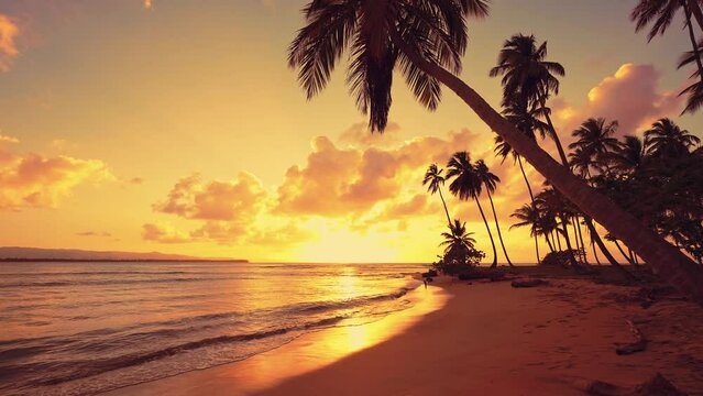 Picturesque summer sunset in the Maldives. Amazing sunset landscape. Luxurious palm trees over the sea under a colorful sky. Dream sunset over the tropical sea, fantastic nature landscape.